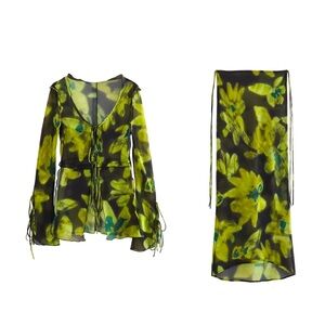 Mango Black and Green Floral Chiffon Set